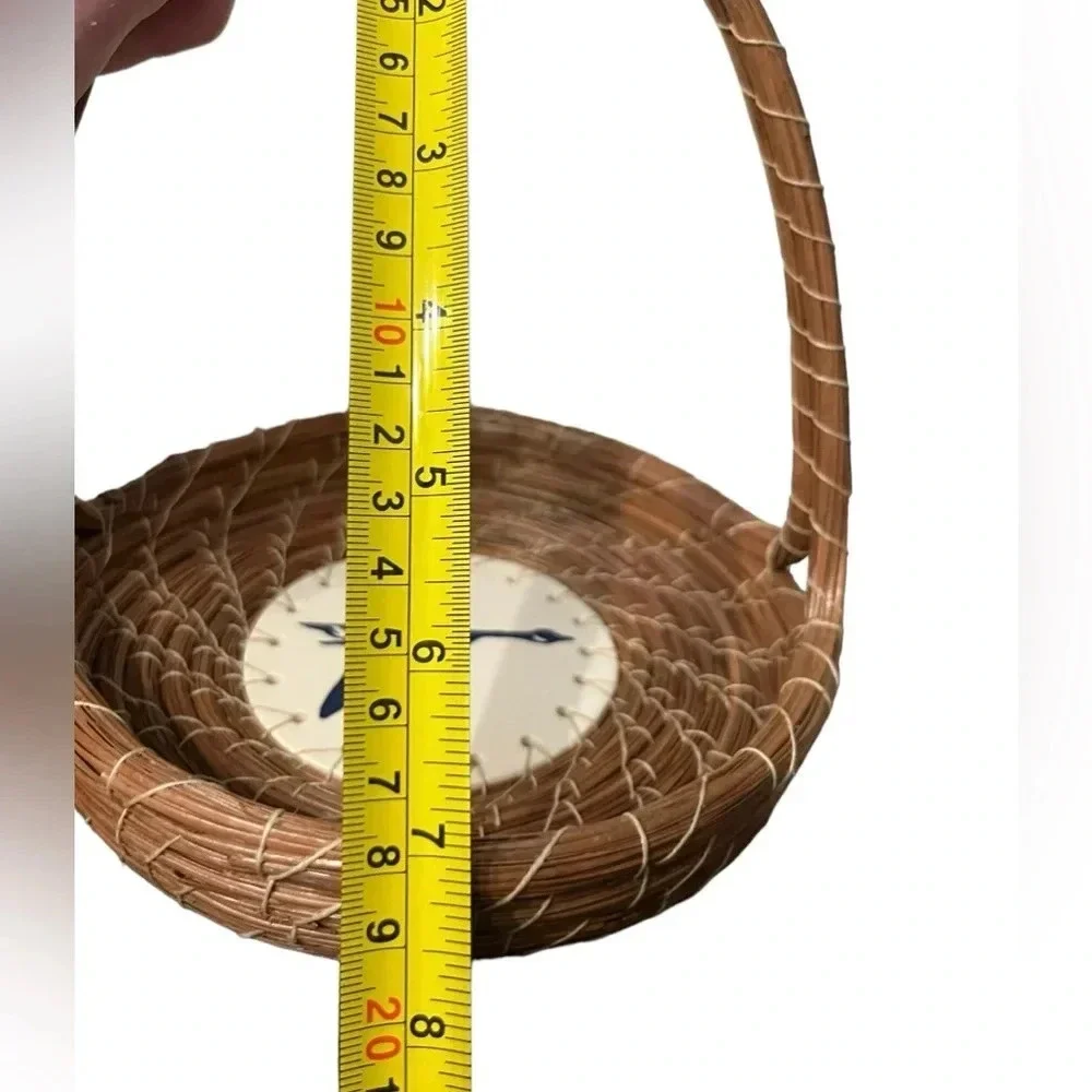 Pine Needle Handle Basket With Handpainted Ceramic Bird Plate Bottom Sig…